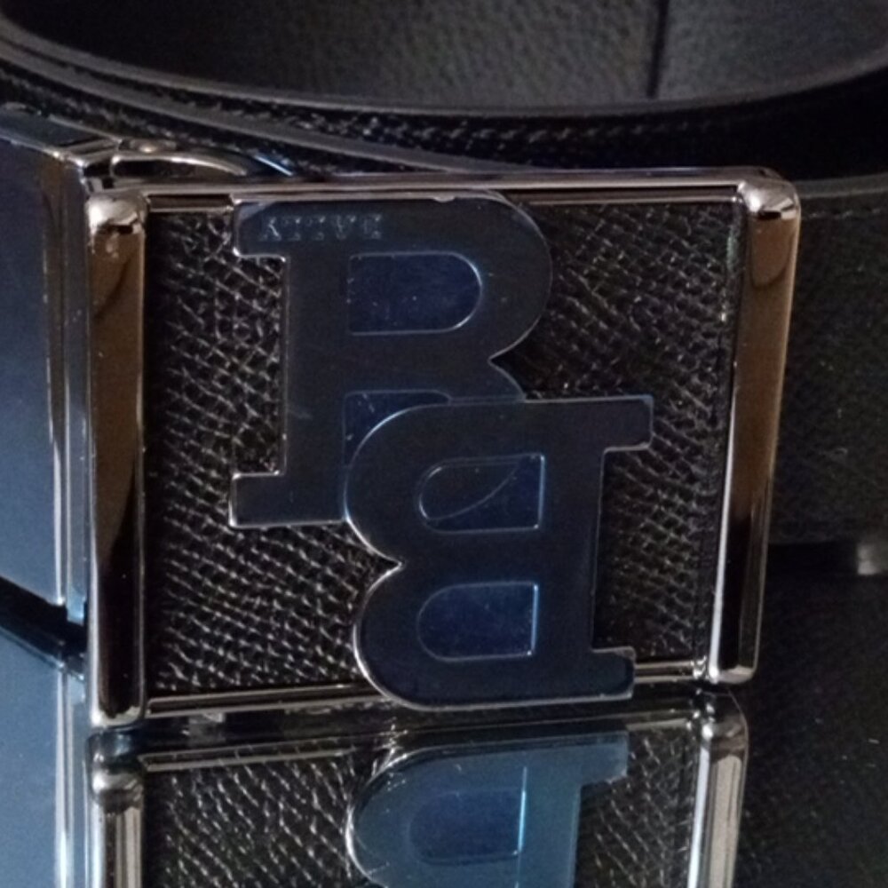 Bally B 46 inch black leather belt with square monogram blue and silver buckle e